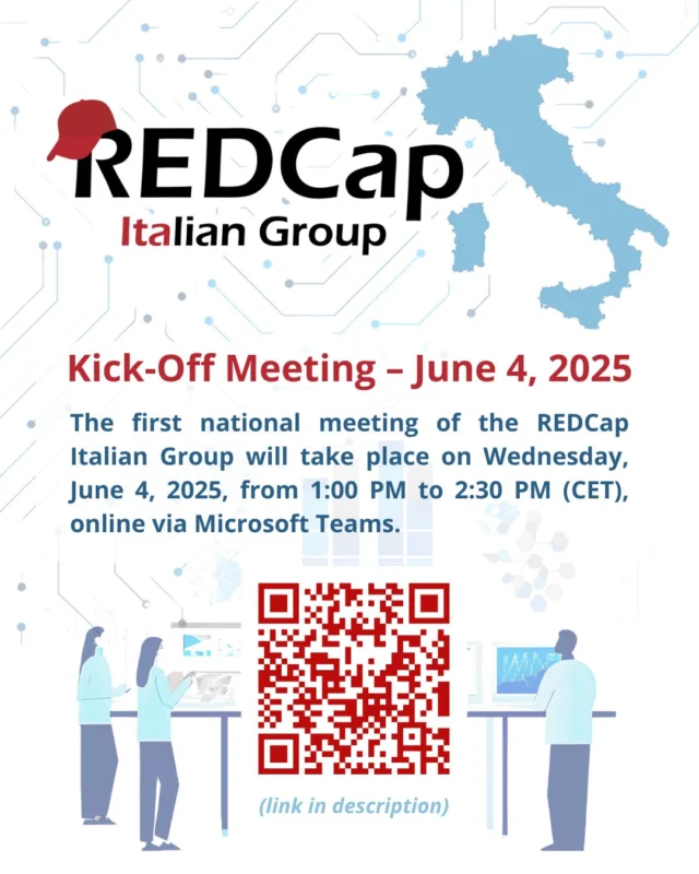 🔔 REMINDER – REDCap Italian Group: Kick-Off Meeting
📅 Wednesday, June 4, 2025 | 🕐 1:00–2:30 PM (CET) | 💻 Online via Microsoft Teams: https://events.teams.microsoft.com/event/70d651b5-46ea-4407-8761-b3e8bf00e7d4@bd5051ae-6f73-49ef-8068-9c057c23955a

The official launch of the REDCap Italian Group is just around the corner!
Join us to discover more, connect with community, and help shape the future of REDCap in Italy!

🎯 Key topics:
▶️ System configuration and customization
▶️ Support in managing research projects
▶️ GenAI & Automation
▶️ Data Analytics Integration (R, Power BI, Tableau)
▶️ Access to training resources and support tools
▶️ Strengthening data security
▶️ Compliance with national and international regulations

📌 Coordination Team: @driogre  @cinzia_papappicco Corrado Lanera @giuly_lore 

🌍 Discover more on our website: https://www.unipd-ubep.it/redcap-italian-group/
👉 Open to all interested participants!
❗ Please note: the meeting will be held in Italian

#REDCap #REDCapItaly #REDCapItalianGroup #UBEP #ResearchData #ClinicalResearch #DataManagement #ResearchInnovation #KickOff2025